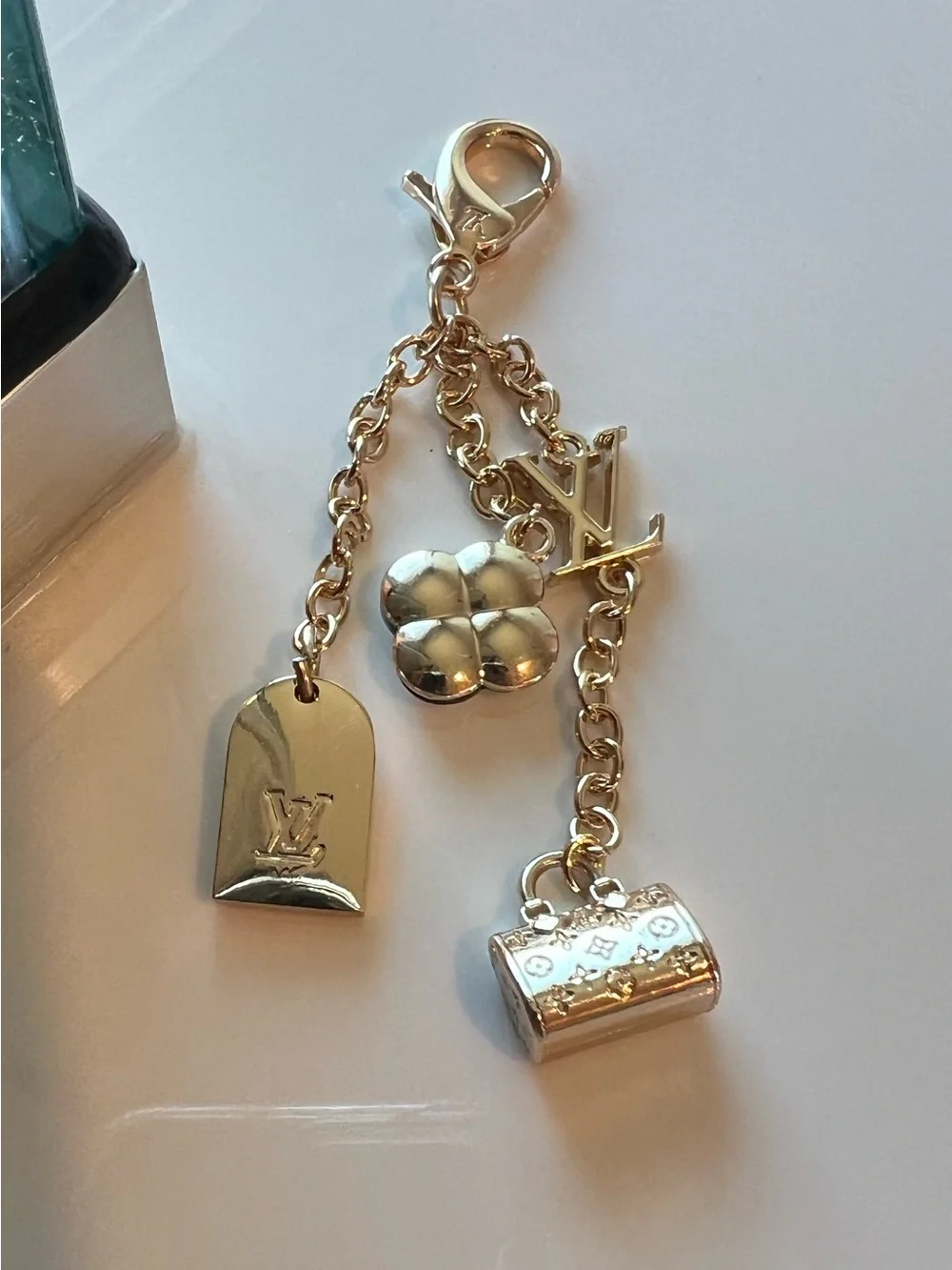 Gold and White Charm Keychain with Floral and Pavé Accents